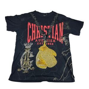 Christian Audigier Shirt XL Gold Crystal Boxing Gloves Y2K Bedazzled Graphic USA